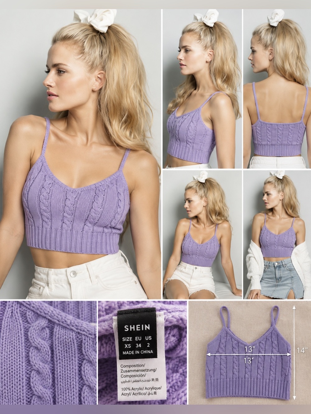 SHEIN Lavender Cable Knit Cropped Sweater Cami Tank Top XS